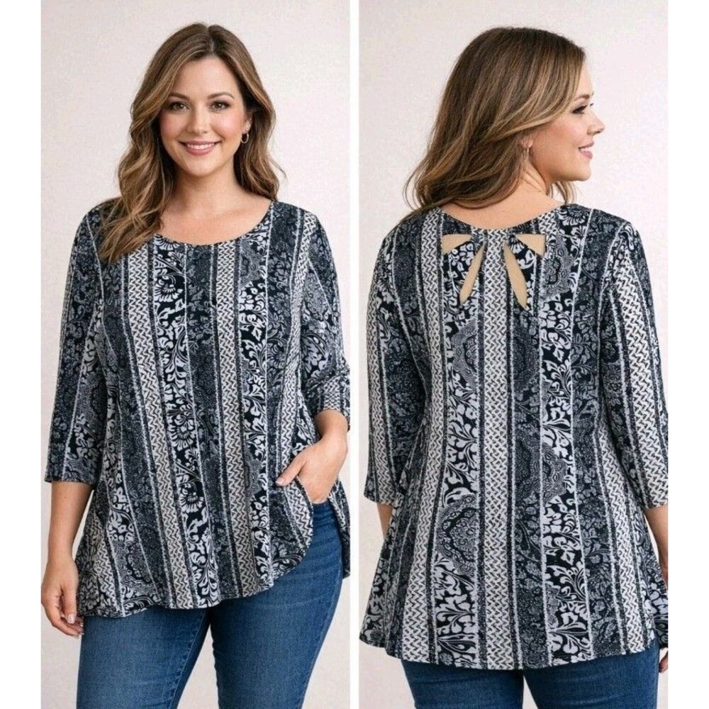 ROZ ALI Womens L Cut-Out Detail Swing 3/4 Sleeve Stretch Floral Black Blue Top